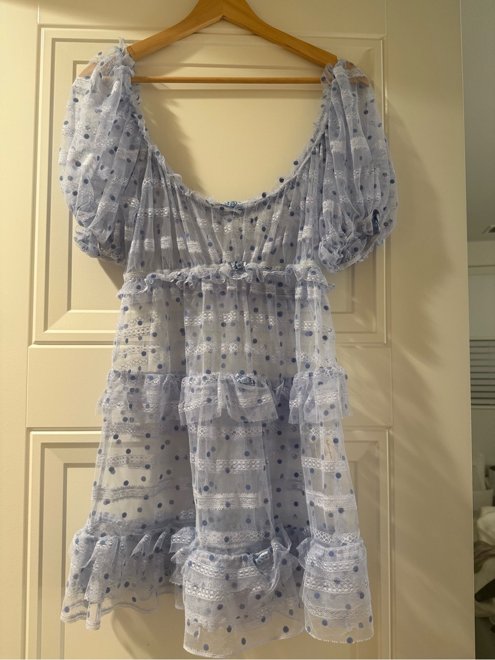 For Love & Lemons Light Blue Lace Dress with Navy Polka Dots